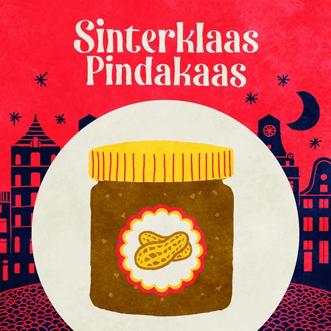 Hoes van Sinterklaas Pindakaas: een pot pindakaas tussen de Sinterklaashuisjes